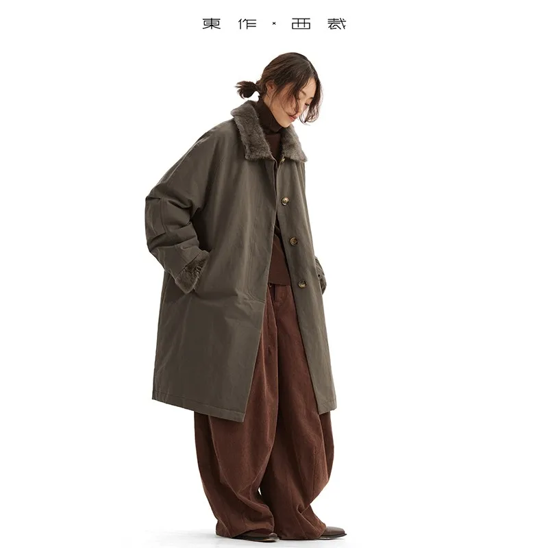 豪華で暖かい～ミンクファー襟＋グースダウン充填 2025年レディース新作 冬用 暖かく厚みのあるカジュアルトレンチコート ミドル丈スタイル