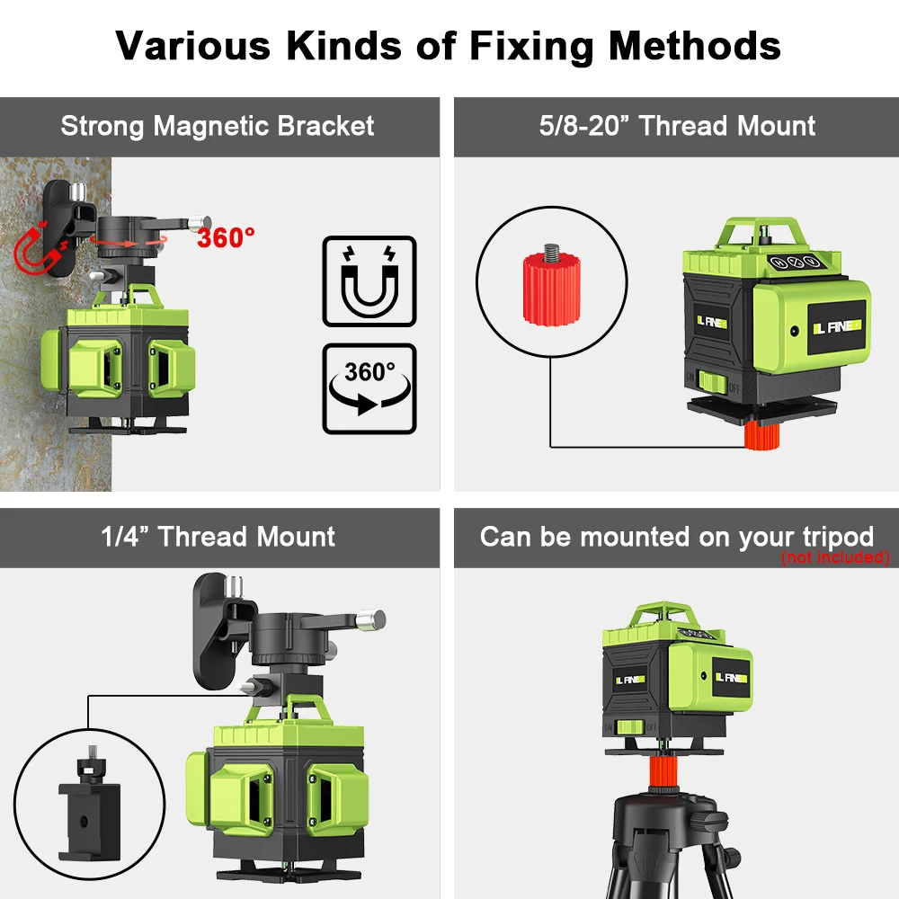 Lfine Nivel Laser 4D 16 Lines 360°Self-leveling Laser Levels withTripod and Suitcase Green Lines Professional Laser Level Tool