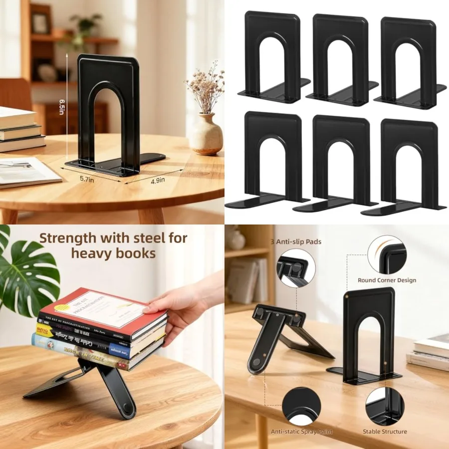 

Book Ends, Metal Bookends for Shelves, Non-Skid Book End to Hold Books, Black Book Stopper/Holder for Office Home Kitchen, 5.7X