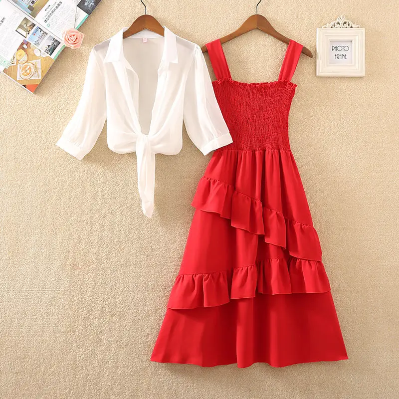 

Summer Mini Dress Fashion Women's Elastic High Waist Casual Thin Shoulder Strap Dress Women's Chiffon Tank Top 2-piece Set L26