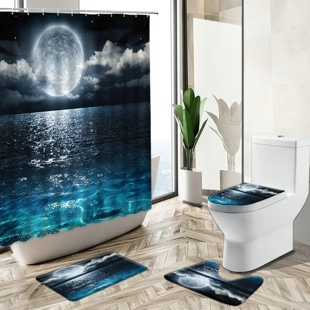 Moon Natural Scenery Shower Curtain Ocean Cloud Night View Non-Slip Carpet Toilet Cover Bath Floor Mat Set Washable Home Decor