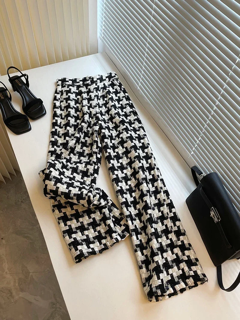 Versatile 2024 new style sweet casual slim drape thin comfortable houndstooth design wide-leg pants natural waist long pants