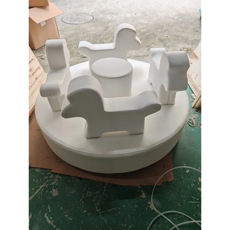 White Soft Play Merry Go Round Carousel PU Foam  Animal and Chair Spinning Rotating Rider Soft Play Equipment for Party Hire