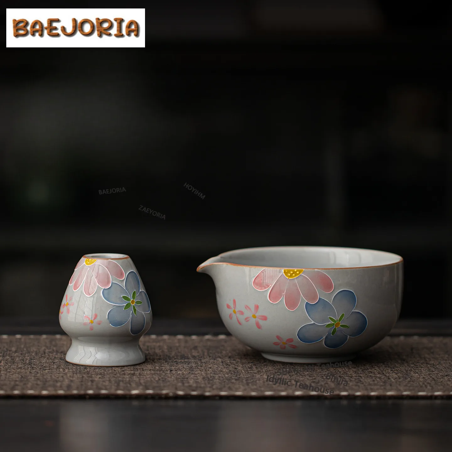 Hand-painted Flower Ceramic Matcha Bowl Tea Whisk Stand Set Maker Cup Base Accessories Tea Ceremony Craft Ornaments Supplies