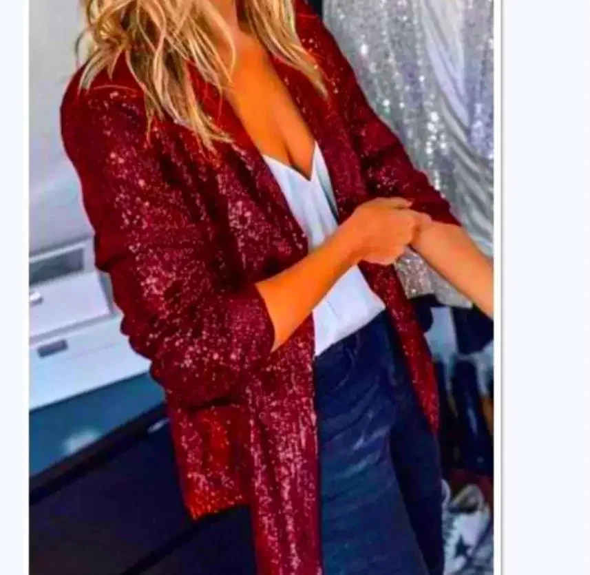 Sequin Blazer Jackets For Women Glitter Solid Color Lapel Suit Coat Double Pocket Streetwear Tops Elegant Ladies Office Wear