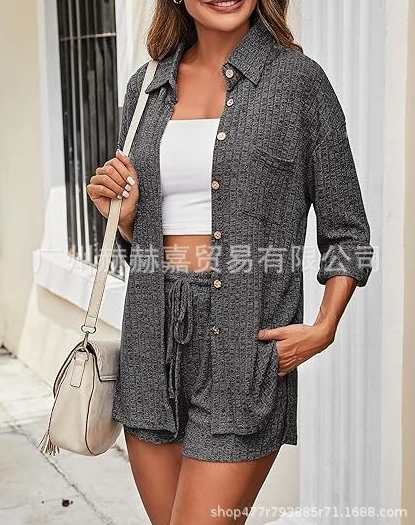 Women's Suit 2024 Spring/summer Latest Polo Collar Long Sleeved Shirt High Waist Drawstring Shorts Fashion Casual Two Piece Set