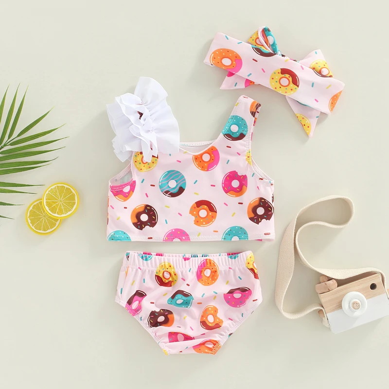 Yiiciovy 0-3 Years Newborn Infant Baby Girl Swimwear Doughnut Print Asymmetric Strappy Bikini Sets + Headbands Swimsuit Set 2023