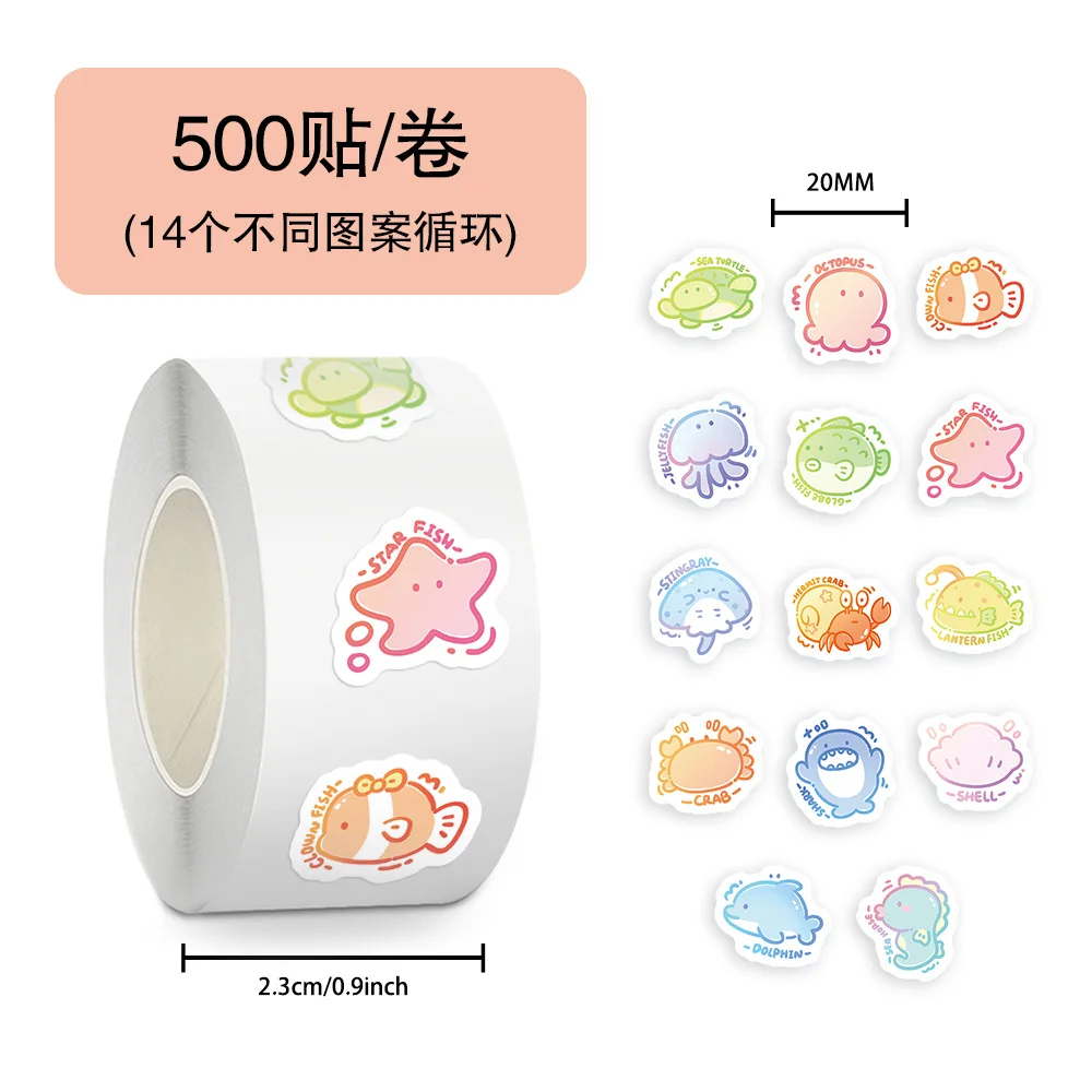 

500pcs/Roll Cartoon Funny Marine Animals Roll Stickers Creative Decoration Mobile Phone Case Notebook Water Cup Waterproof Gifts