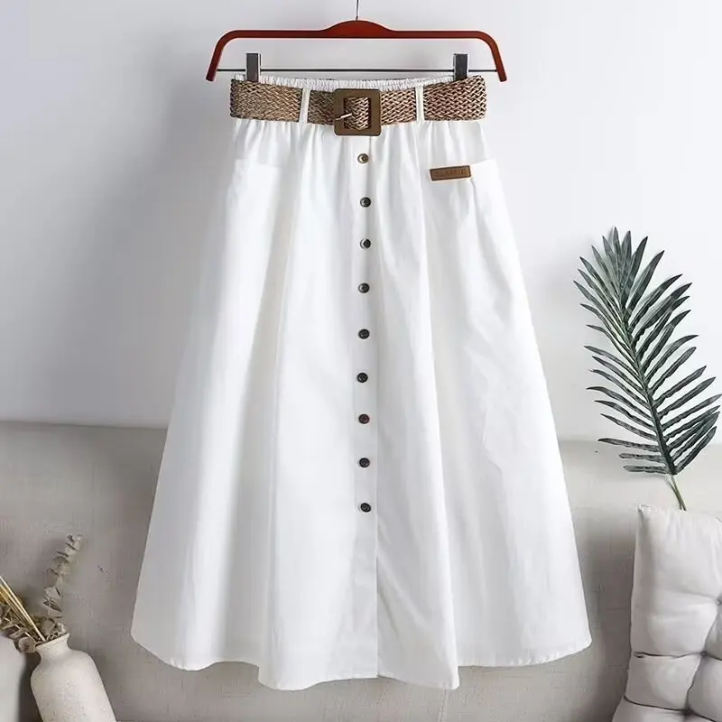 

Casual Cotton Single Breasted Umbrella Skirt Women Spring Autumn Fashion Pocket High Waist OL Work Midi Long Skirt White Black