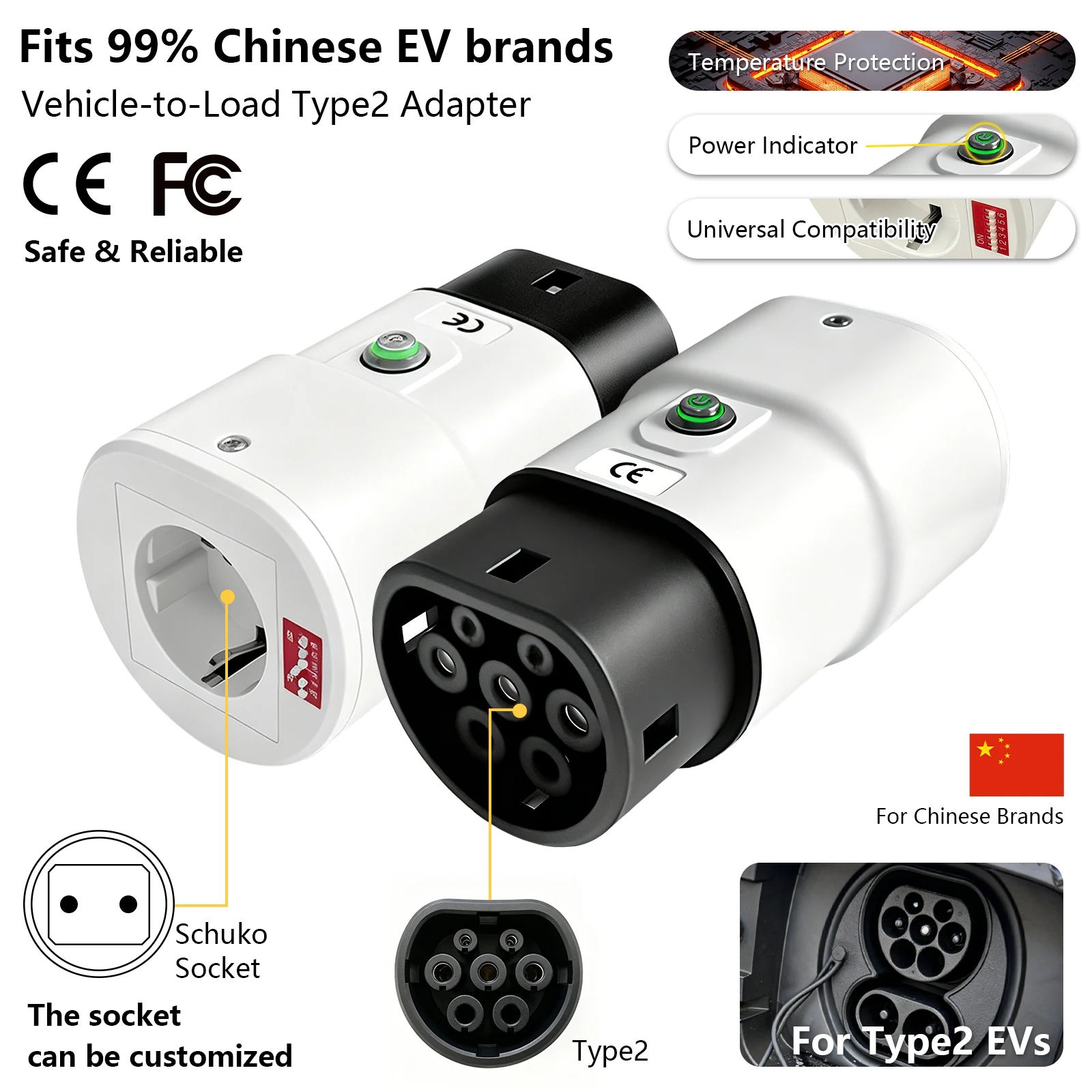 Portable Type2 V2L Adapter with Power Adjust Switch For Chinese EV, Vehicle To Load Discharge Connector EV V2L Discharger for Ca