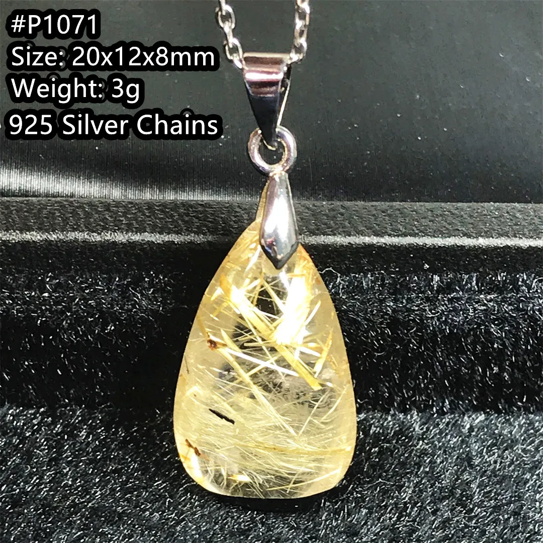 Natural Gold Rutilated Quartz 925 Silver Chain Pendant For Women Men Reiki Luck Gift Crystal Beads Royal Gemstone Jewelry AAAAA