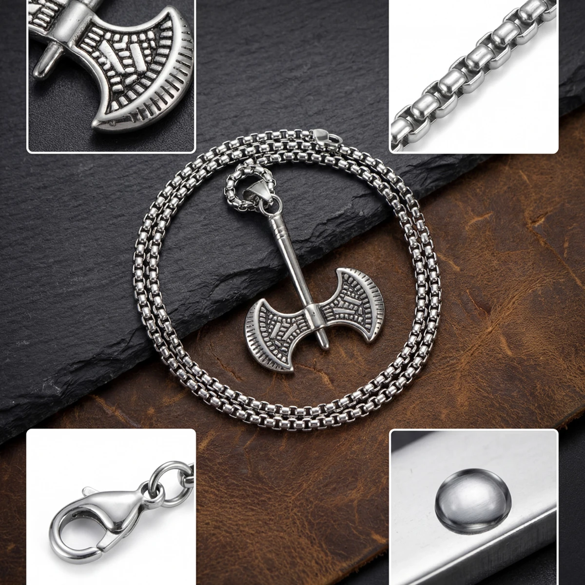 

Silvery Double Axe Pendant Necklace Viking Mythology Vintage Stainless Steel Jewelry Gift For Men