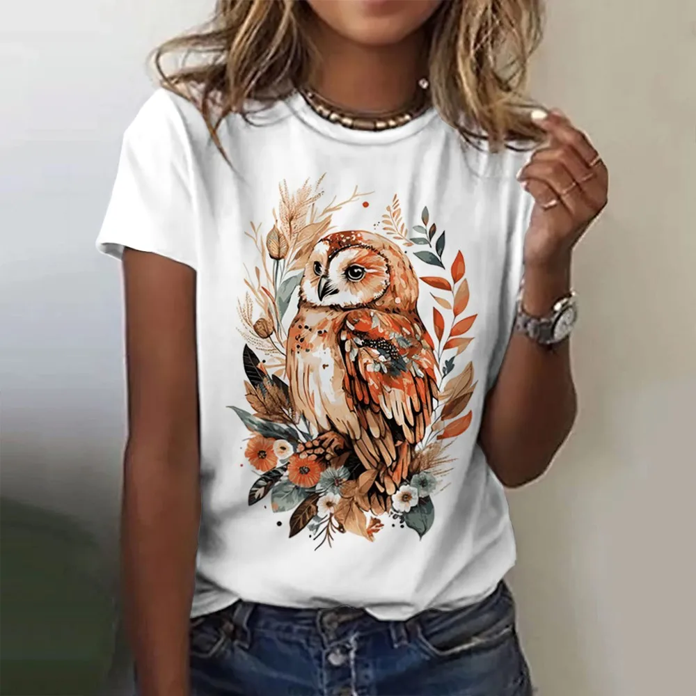 2024 New Kawaii Women\'s T-shirt Owl Print Plus Size Top Women\'s Trending Clothes Fashion Short Sleeve Shirt Crew Tee Summer