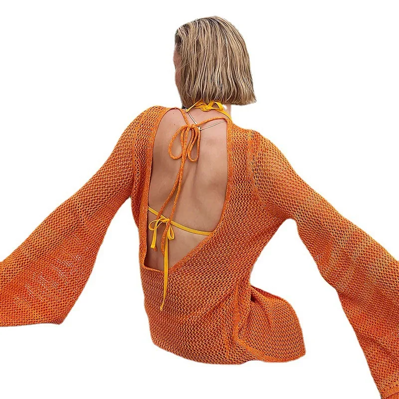 Vestido de Playa Sexy sin Espalda de Punto, Vestido Casual de Verano para Mujer, Estilo Europeo, Manga Larga, con Aberturas, ...