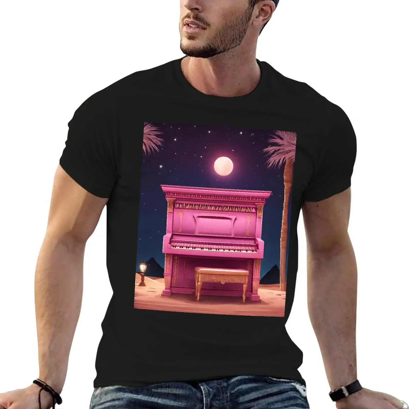 Piano in the Egyptian desert with Pyramids, jungles, lanterns, ancient Rome T-Shirt Comfort Stretch Tee Shirt