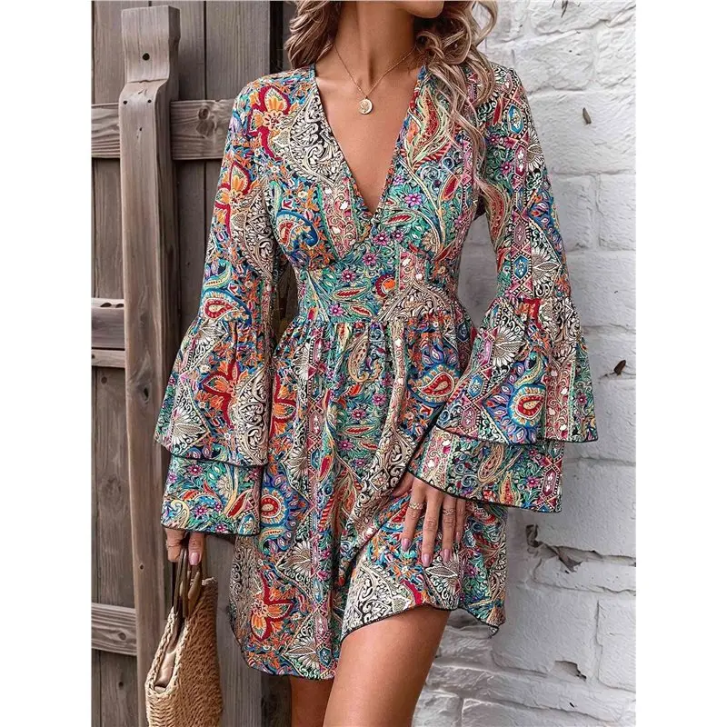 ABRT-Women Print Wrap Boho V Neck Short Flared Sleeve Elastic Waist Drawstring Flowy Mini Dress