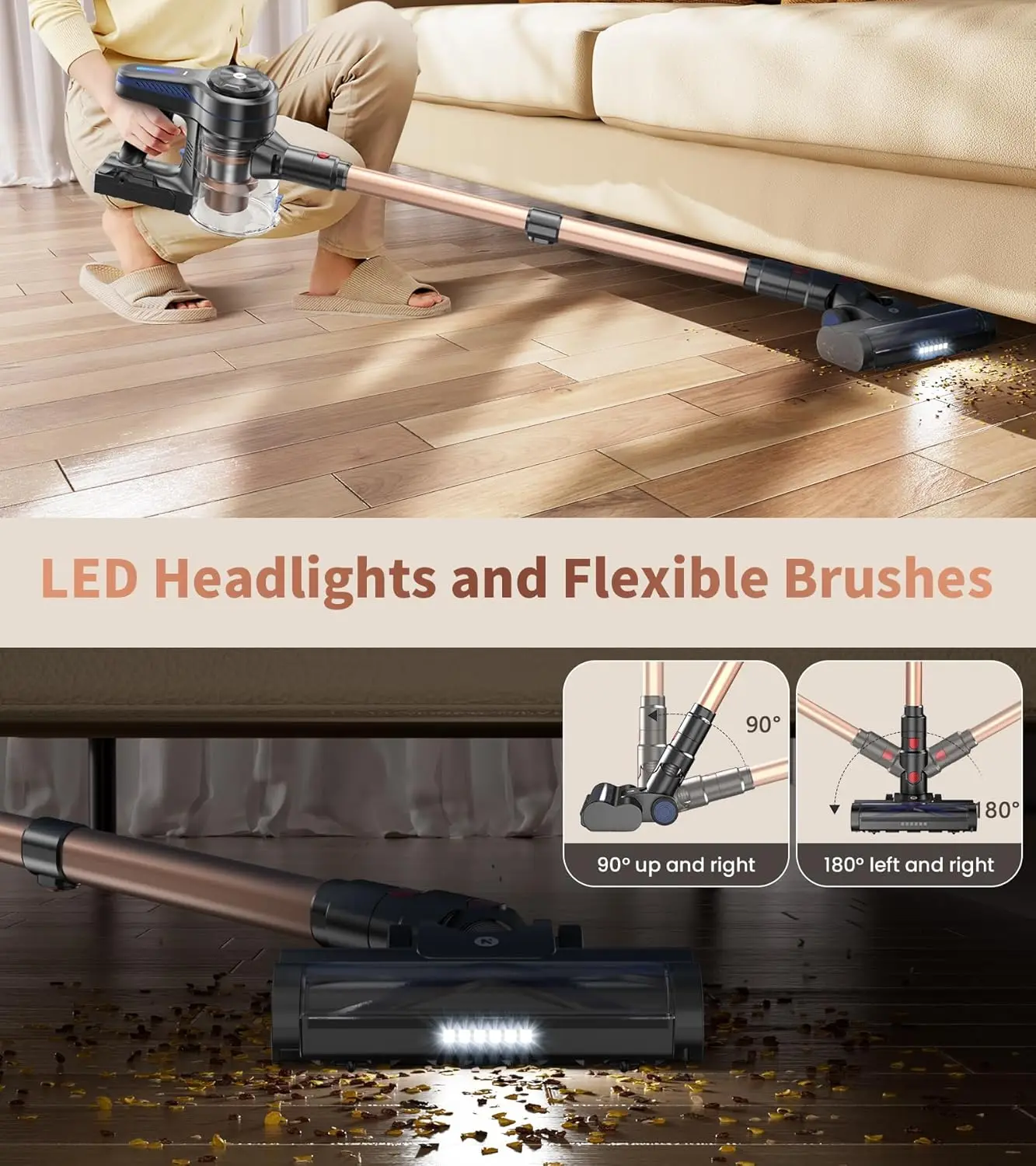 Cordless Vacuum Cleaner, Powerful Stick Vacuum with 45min Runtime, Anti-Tangle Vacuum Cleaners for Home, 1.5L Dust Cup