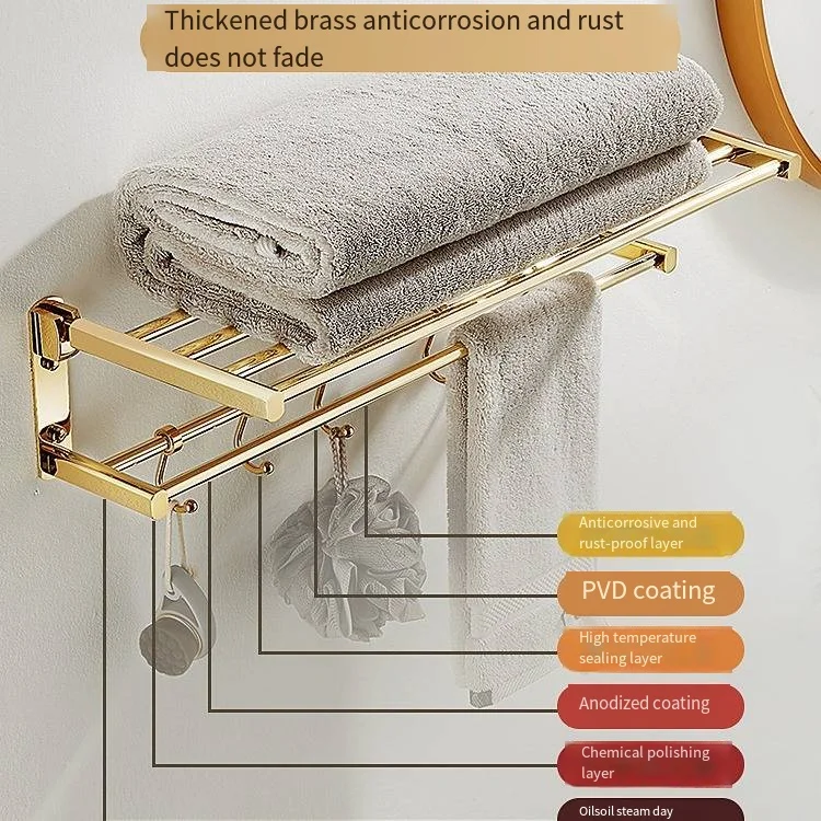 Europe Pure Copper Wire-drawing Gold Pvd 8 Pieces Punch-free Brush Brass Folding Toilet Storage Rack Hardware Accessories Set