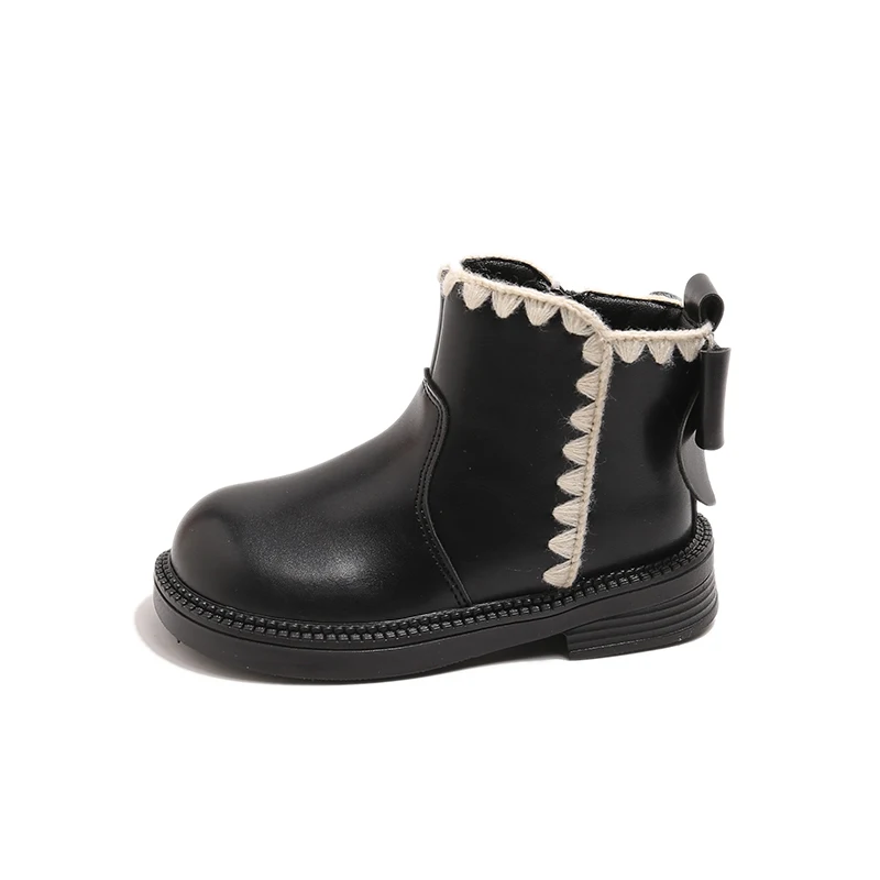 Girls Cute Lace Trim Bow Ankle Boots, Toddler Winter Warm Fleece Lined Leather Boots, Side Zipper Thick Sole Kids Dress Boots