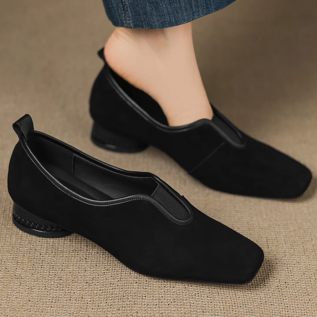 Zapatos de tacón sin cordones elásticos con punta cuadrada de piel de ante natural para mujer de talla grande 34-41, zapatos informales de tacón bajo redondo de 3cm para uso diario