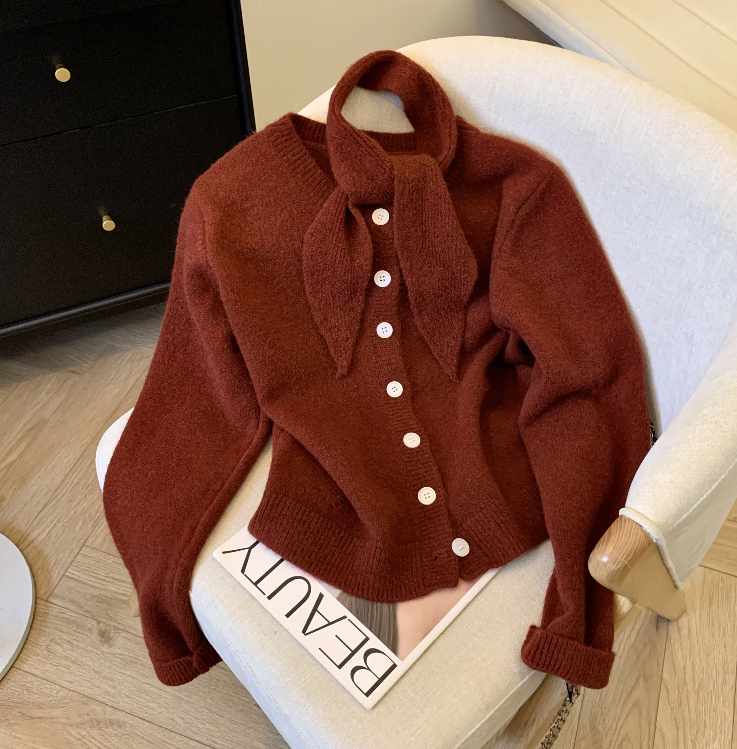 

Женский шарф с бантом, зимний свитер с круглым вырезом и длинным рукавом, модный теплый офисный Топ В Стиле Ретро 90-х для отдыха, свитер в стиле 1920-х, одежда, новинка 2000