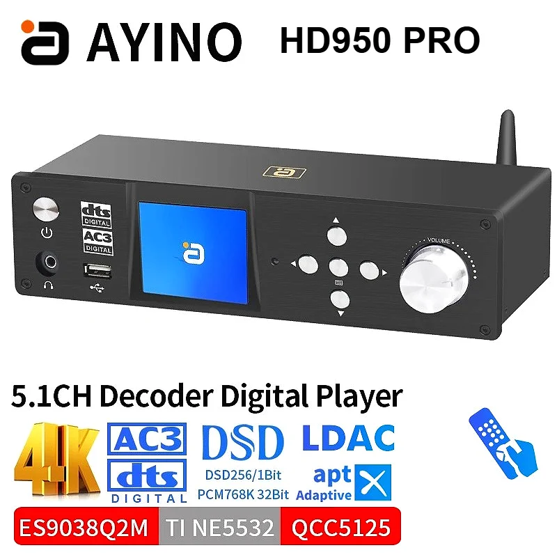 AYINO HD950 PRO 5.1CH DTSHD-Decoder for Audio Atmos ESS9038q2m*3 Converter 4K HDMI2.0 Qcc5125 Bluetooth5.1 Adapter DSD PCM768K