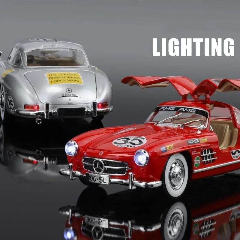 1:24 Mercedes Benz 300SL Refit aleación Vintage coches clásicos Diecast Metal escala coche modelo sonido y luz niños vehículos de juguete regalos