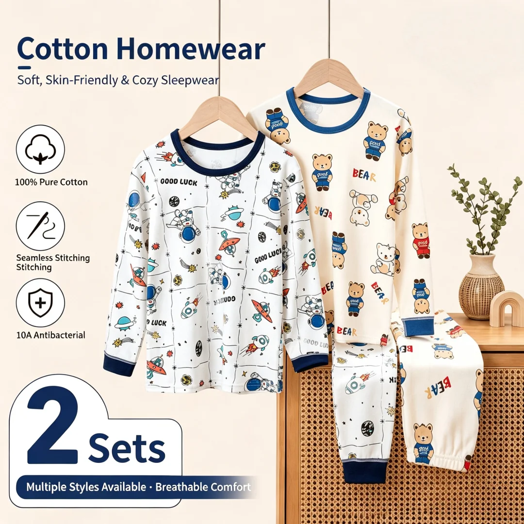 2PCS For Boys Girls Autumn Pure Cotton Pajamas Kids Print Long Sleeve T-Shirt Tops Pants Pyjamas Baby Underwear Clothing A Sets