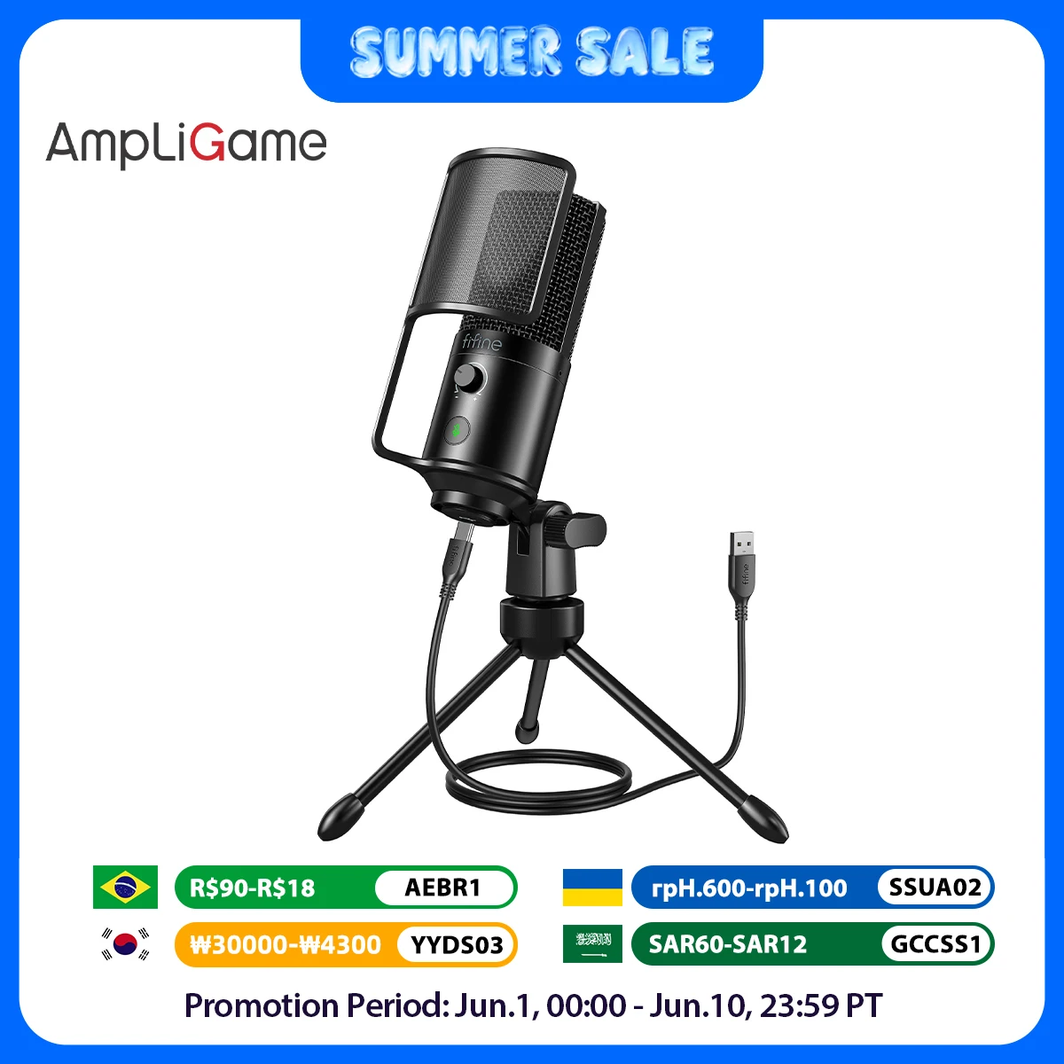 FIFINE Microphone streaming USB avec filtre anti-pop, ensemble de micros à condensateur avec contrôle Tap-to-Mute et Vol pour PC, statique, YouTube-K669PRO1