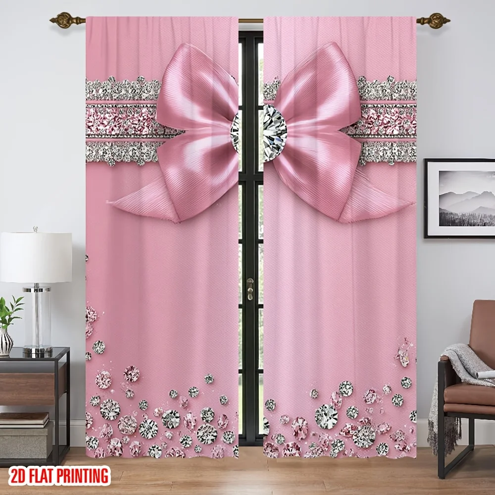 2D Flache 2-teilige Rosa Schleifenvorhänge mit Diamant-Strass Luxus-Druck Gardinen für Mädchenzimmer Schlafzimmer Fensterdekoration Glamouröse Wohndekor-Paneele