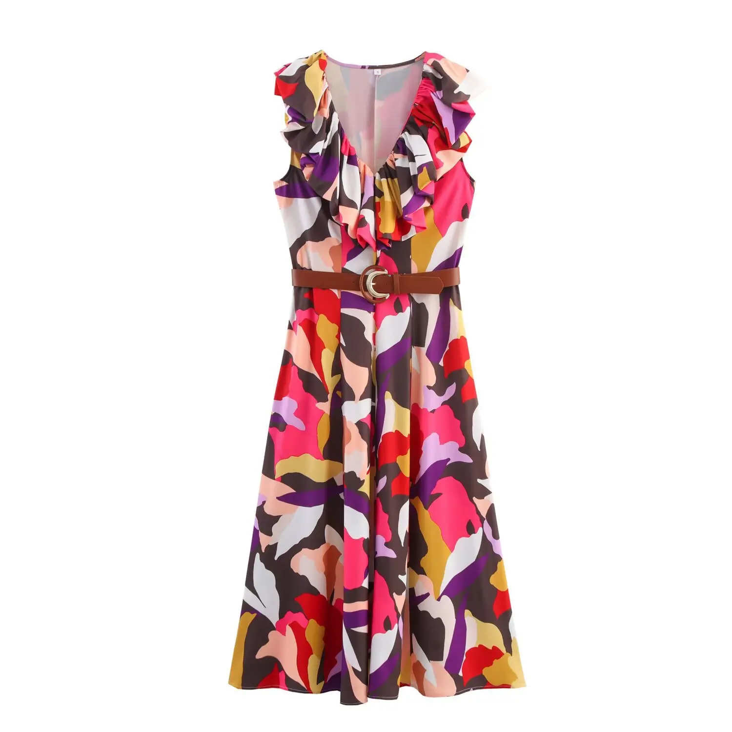Women's waist belt printed poplin waist dress V-neck sleeveless side zipper autumn new elegant and fashionable long dress