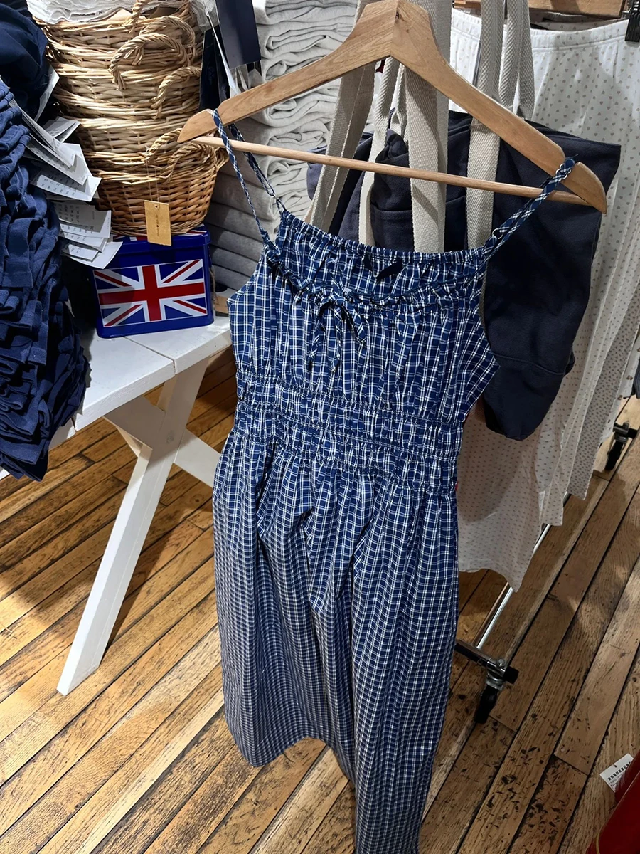 블루 격자 무늬 미디 드레스 여성 여름 탄성 허리 a 라인 프릴 레이스 업 Camis 드레스 빈티지 스위트 프레피 스타일 긴 베스 티드