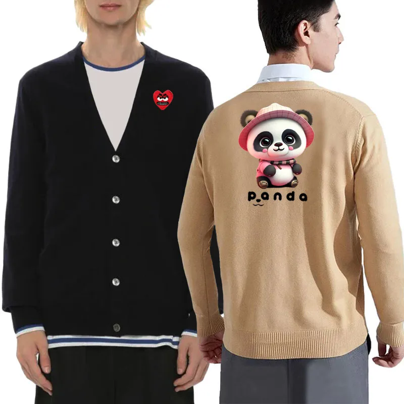 Pink Cute Panda Printing Men Cardigan Cotton Cool Snag Heart Embroidery V-Neck Single Breasted Long Sleeves Autumn Fit Sweater