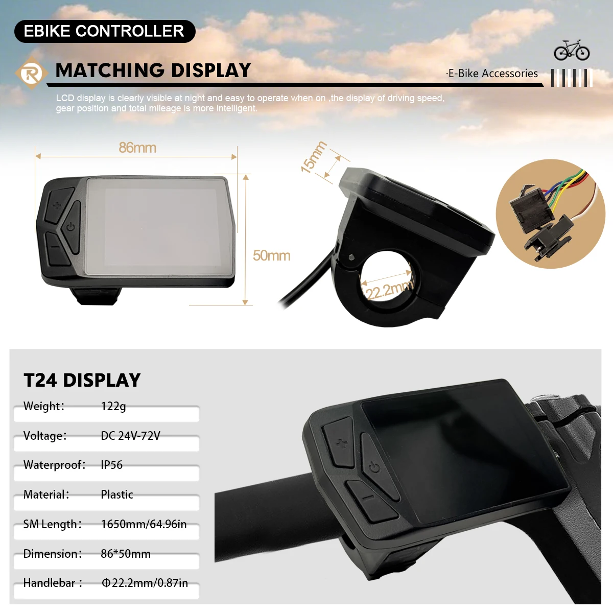 

Ebike 3-mode Sine Wave Controller 17A26A30A35A40A45A Electric Bike Brushless Motor Controller T24 color LCD Meter (Protocol 2)
