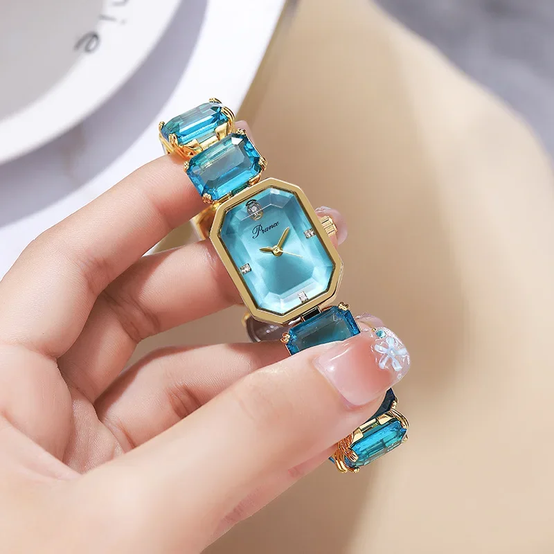 Fashion Brand Wrist Watch Women Girl Beautiful Rectangle Colorful Gems Design Steel Metal Band Clock