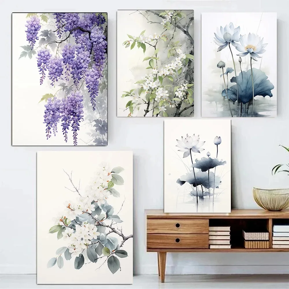 Flowers Purple Flowers Lotus White Flowers Office Minimalist Wall Art Canvas Painting Posters for Living Room Modern Home Dec