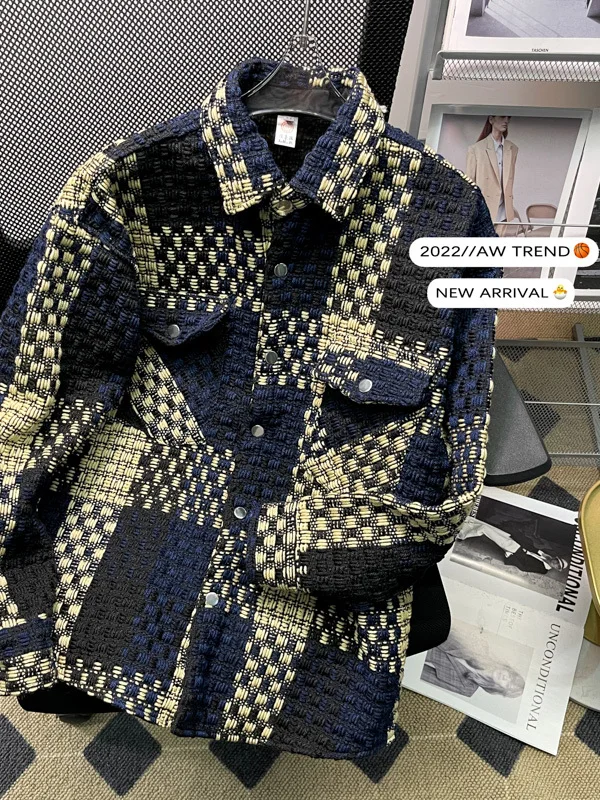 Casual Knitted Spring Autumn Men's Jacket Youth Fashion Plaid Pattern Loose Fit Long Sleeve Single Button Closure Outerwear