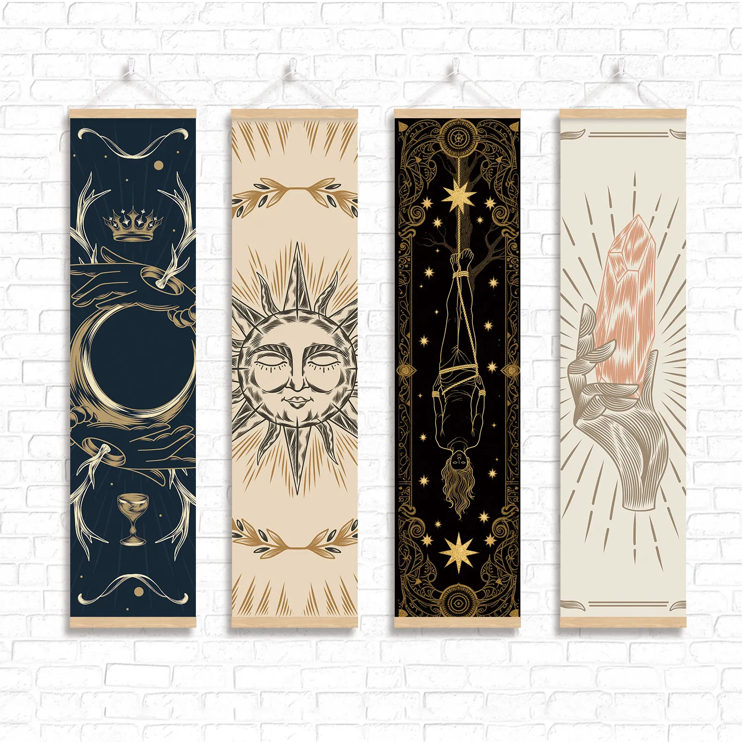 Wall Art Mystical Tarot Sun Moon Celestial Boho Pearlescent Canvas Hanging Scroll with Wooden Rods for Bedroom Reading Corner