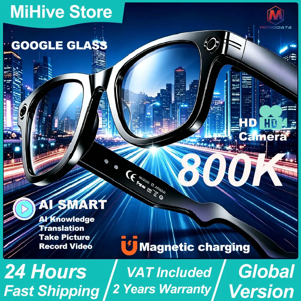 Lunettes Intelligentes MicroData AI pour la Photographie 800W Bluetooth, Volume Réglable Coulissant, Traduction, Lunettes Intelligentes pour la Photographie, Lecture Musicale, Lunettes de Traduction Intelligentes à Changement de Couleur