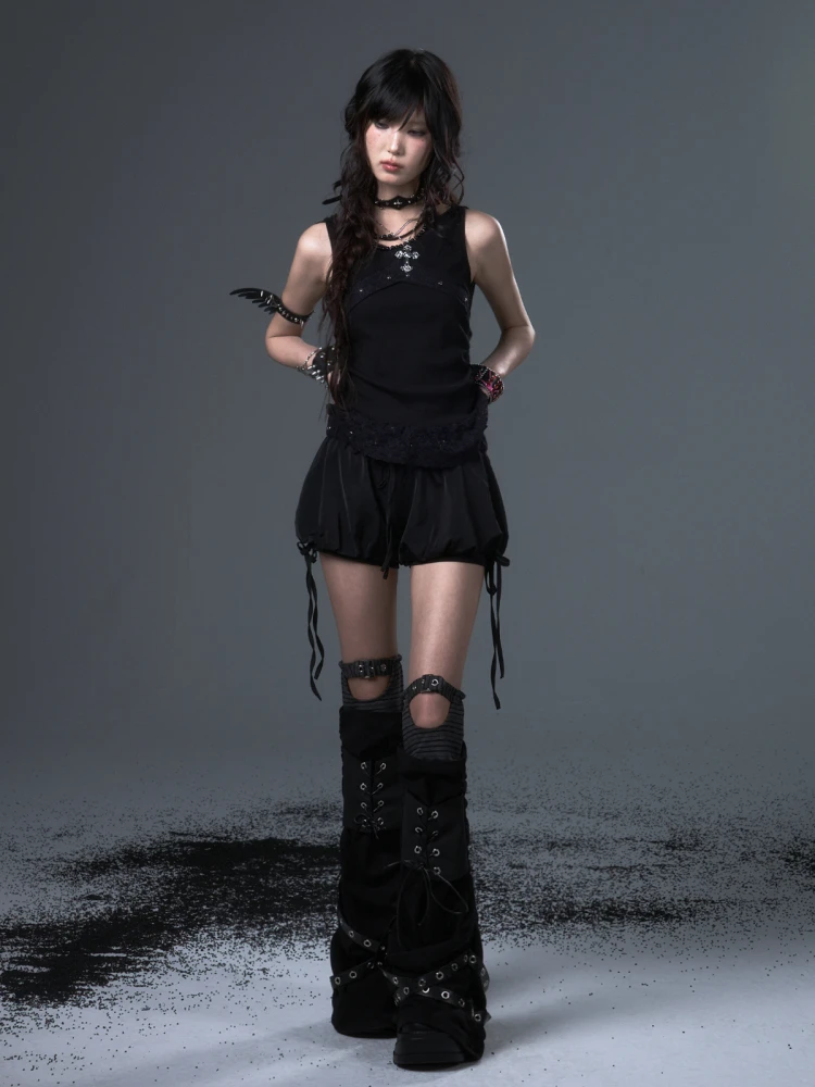 Frustration Garden Original Punk Rock Butterfly Drawstring Dobby Bud Puff Shorts Skirts Black Casual Cute All Match Shorts Women