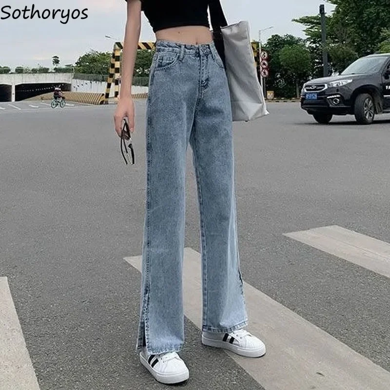 Seite-schlitz Frauen Jeans Hohe Taille Gerade Design Streetwear Casual Harajuku Koreanischen Stil Solide Blau Trendy Alle-spiel chic Bottom