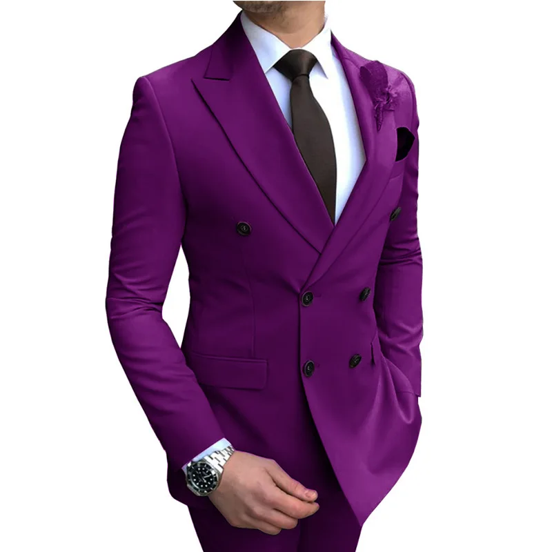 2023 Wedding Suits Men Business Fashion 2 Piece Set Slim Jacket Dress Blazers Coat Pants Trousers Solid Color Double Breasted