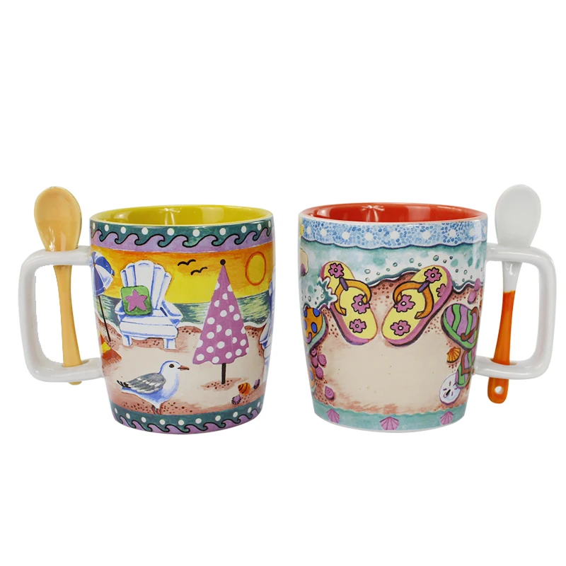 

Food Grade Kids Cartoon Painted Cheap Coffee Mug Ceramic Tea Mugs Christmas Set With Spoon And Holder