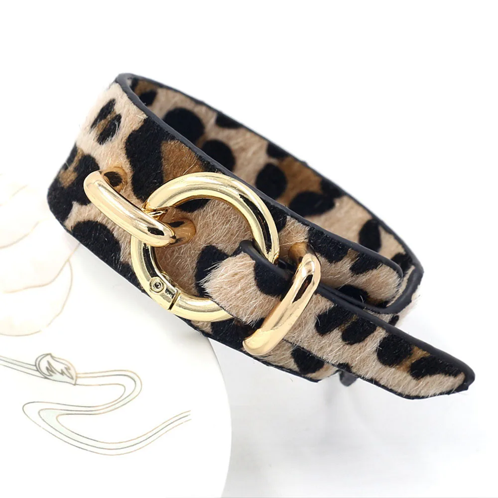 Kirykle Luxury Leopard Leather Bracelet for Women Punk Ring Button Wide Bangle Personality Creative Animal Print Jewelry Gift