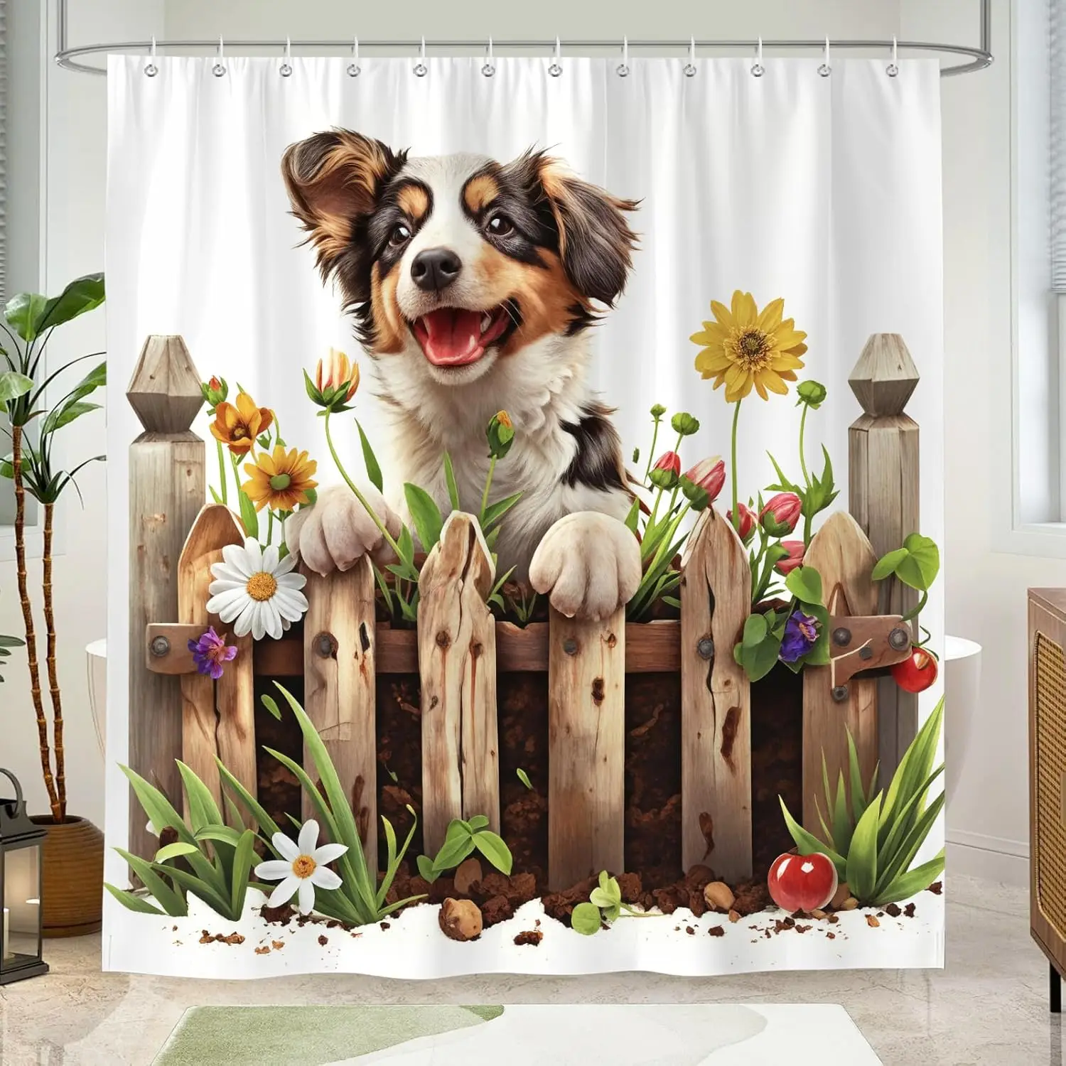 

Занавеска для душа для собак в фермерском доме, забавная занавеска для ванной комнаты с милым цветочным принтом для собак, водонепроницаемая занавеска из полиэфирной ткани с 12 крючками