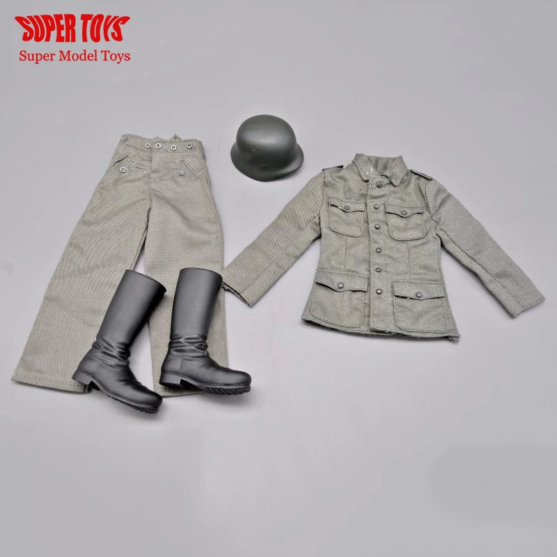 

1/6 Scale Men Clothes WWII German Defence Force Coat Pant Uniform Set Helmet Boot Accessory for 12'' Male Solider Action Figure