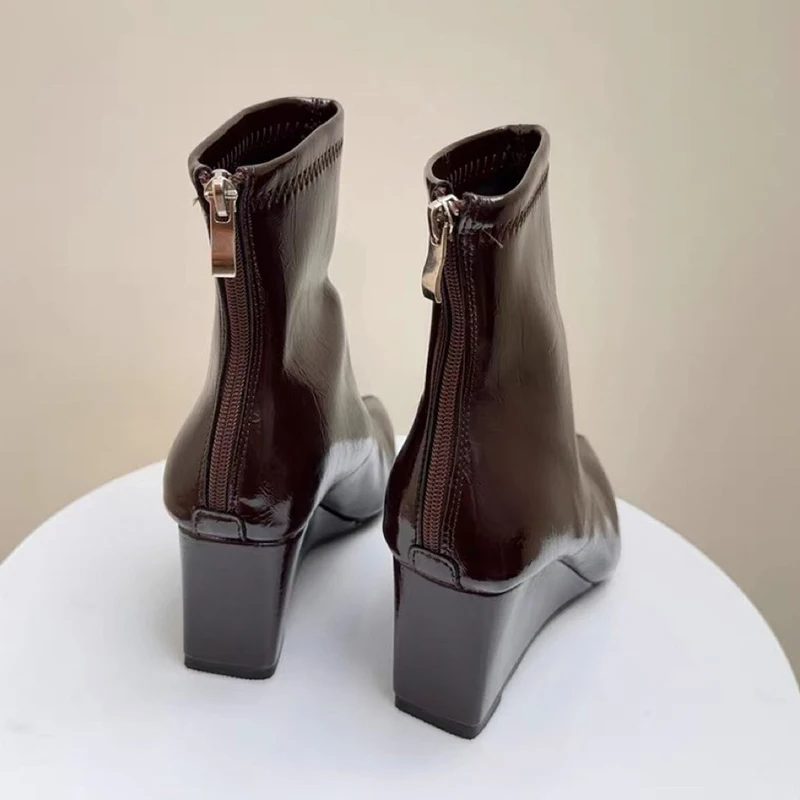 النساء أشار تو حذاء من الجلد أسافين أحذية فاخرة عالية الكعب أحذية شتاء 2025 الاتجاه تشيلسي الأحذية فستان مضخات الحفلات Mujer بوتاس #5