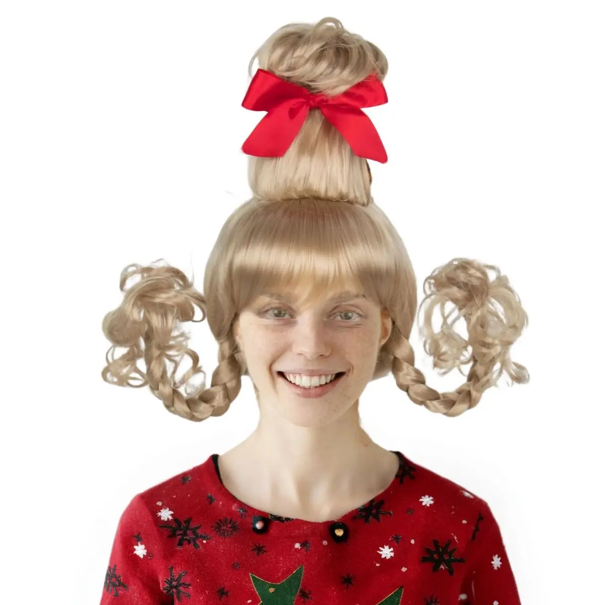 

Anxin Brand Synthetic Fiber Wig: High Bun Style with Double Braids, Decorated with a Large Red Bow, Hair Is Curly and Voluminous, Available in Pink/White/Gray/Black; Made of High-Quality Synthetic Fiber Material, Comfortable to Wear and Easy to Care For; 