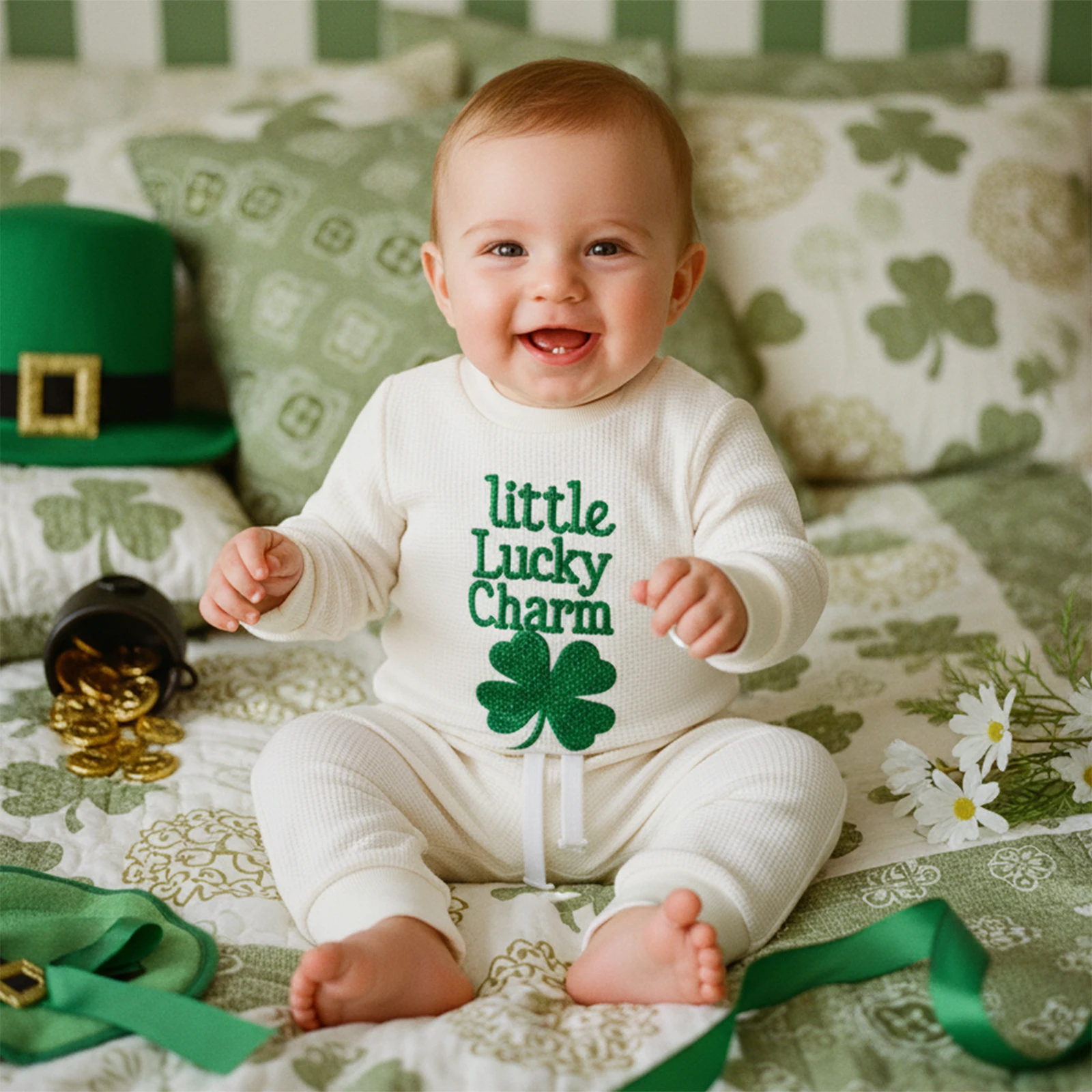 Newborn Baby Boys St. Patrick's Day 2Pcs Outfit Long Sleeve O-Neck Letter Shamrock Embroidery Romper and Elastic Waist Pants Set