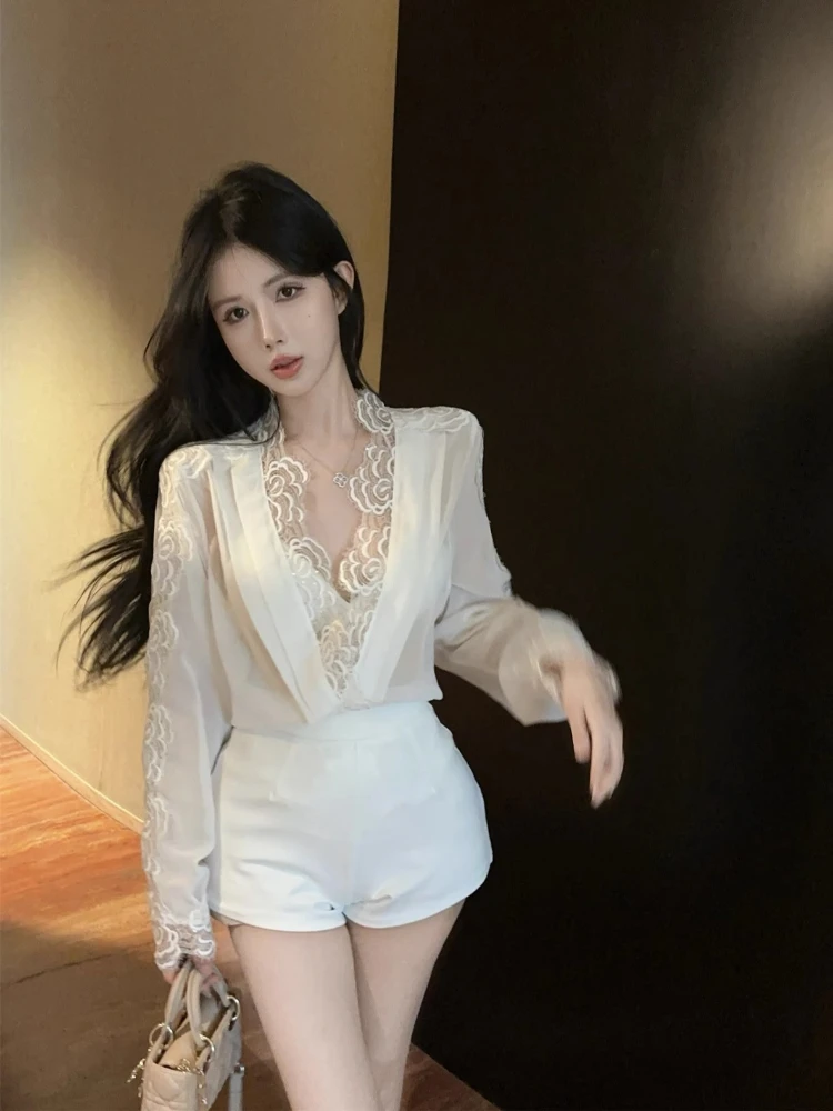 

Pure desire sexy low cut V-neck fake two piece lace palace chiffon shirt versatile shorts women's early spring high-end set